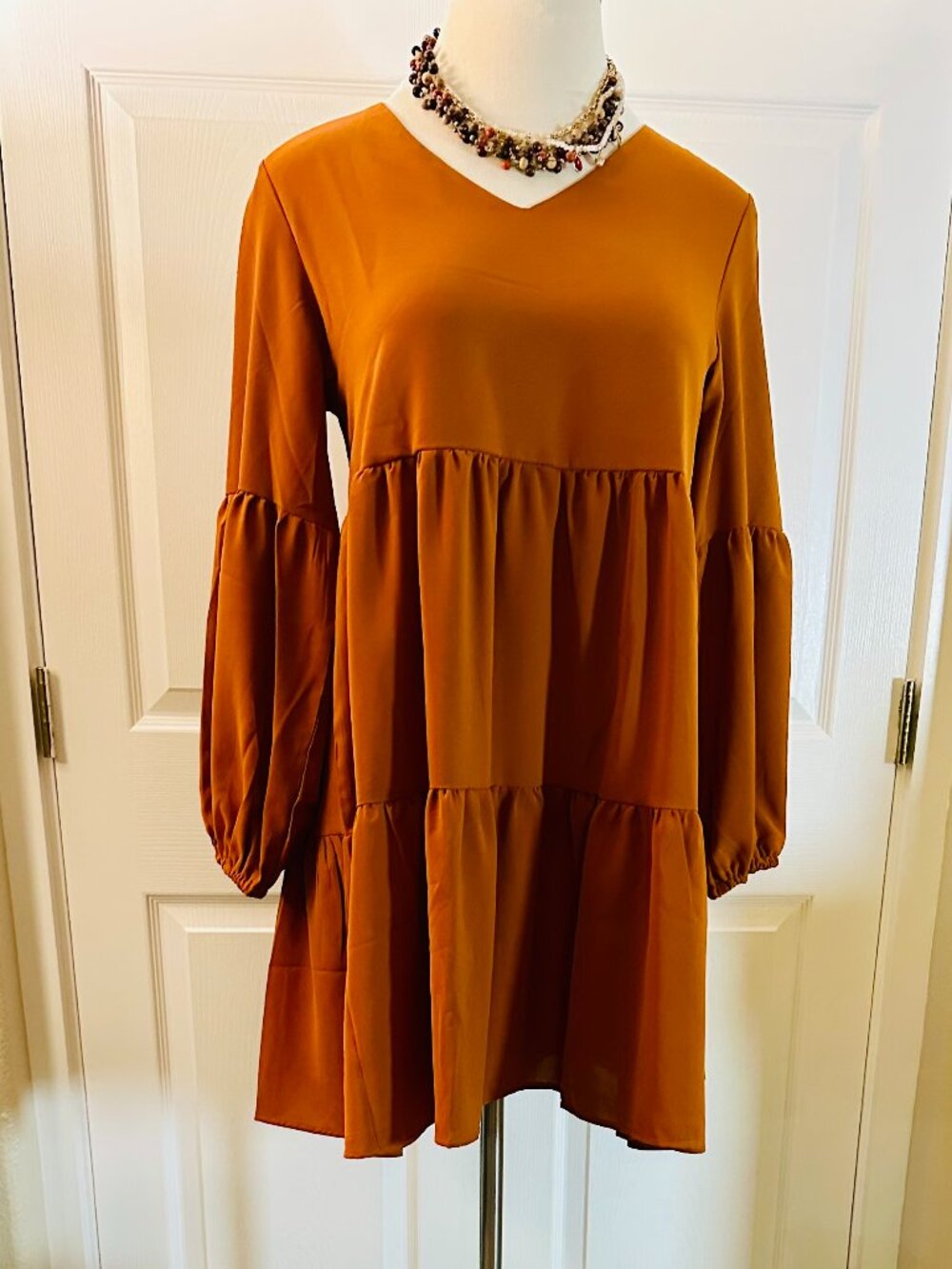 Amoretu Burnt Orange Tiered V-Neck Tunic Dress Women's size Large